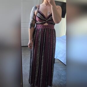 NWT Eclipse Maxi Dress | Boho Print, Plunge V Neck, Side Slits, Size M